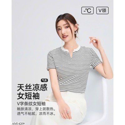 AM14209 ÁO KẺ CỔ V NỮ TENCEL
