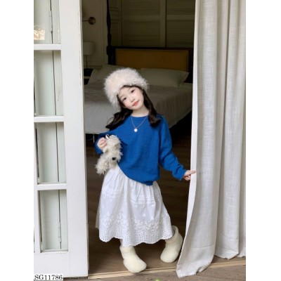 SG11786 SET ÁO LEN TRƠN + CHÂN VÁY PHỐI REN BÈO BÉ GÁI