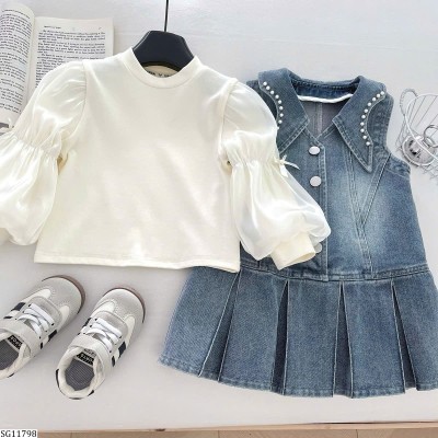 SG11798 SET VÁY JEAN MIX ÁO TAY BỒNG