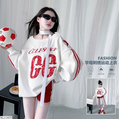 SG11835 SET ÁO NỈ DÁNG RỘNG MIX QUẦN SHORT ĐỎ 