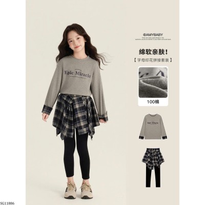 SG11886 SET ÁO THUN MIX QUẦN LEGGING PHỐI QUÂY KẺ Amybaby