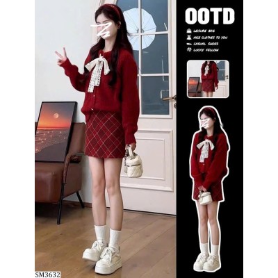 SM3632  SET ÁO LEN CARDIGAN MIX CHÂN VÁY KẺ
