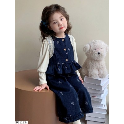 SG11934  SET 3 CHI TIẾT DENIM THÊU HỌA TIẾT NƠ BÉ GÁI