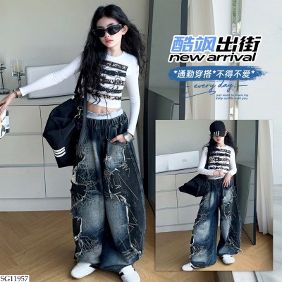 SG11957 SET ÁO CRT MIX QUẦN JEAN ỐNG RỘNG BG