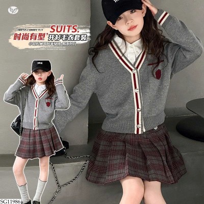 SG11986 SET ÁO LEN CARDIGAN LEN MIX CHÂN VÁY KẺ 