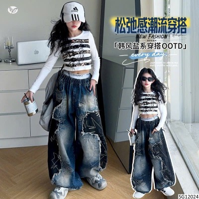 SG12024 SET ÁO CRT MIX QUẦN JEAN ỐNG RỘNG BG