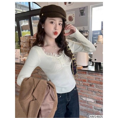 AM14605 ÁO LEN CỔ V VIỀN REN CHO NỮ