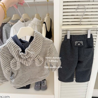 SG12076 SET ÁO NỈ KẺ MIX QUẦN SUÔNG BG