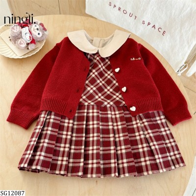 SG12087 SET VÁY KẺ MIX ÁO CARDIGAN NINGLI