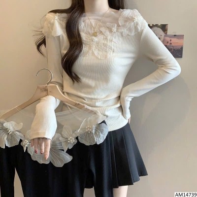 AM14739 ÁO DÀI TAY HOA 3D CỔ PHỐI LƯỚI