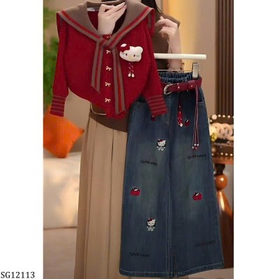 SG12113 SET ÁO LEN KITTY MIX QUẦN JEAN SUÔNG