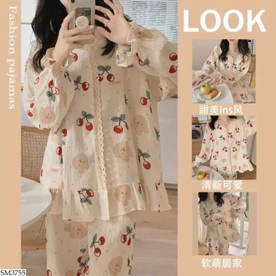 SM3755 BỘ PIJAMA HỌA TIẾT PHỐI REN NỮ