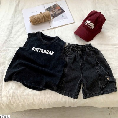 ST6583 SET ÁO BA LỖ ĐEN RÁCH MIX SHORT JEAN BT