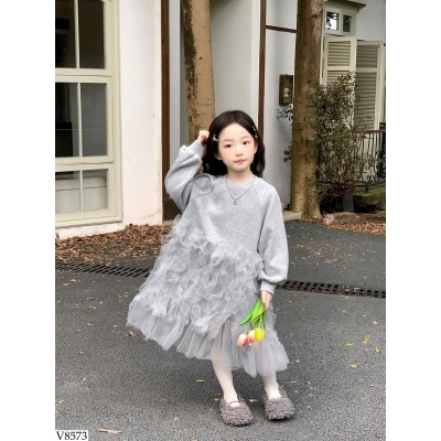 V8573 VÁY NỈ PHỐI VOAN BG