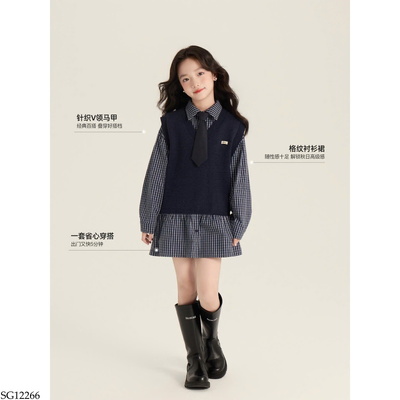 SG12266 SET VÁY SƠ MI KẺ MIX ÁO GILE BG