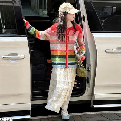 SG12287 SET ÁO CARDIGAN KẺ MIX CV REN BG