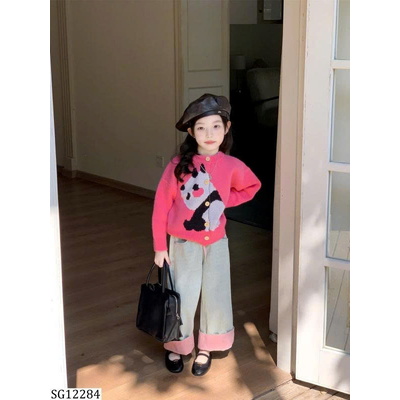 SG12284 SET ÁO LEN CARDIGAN GẤU TRÚC PHỐI QUẦN JEAN SUÔNG
