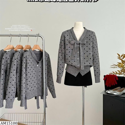 AM15100 ÁO CARDIGAN LEN CHẤM BI BUỘC NƠ