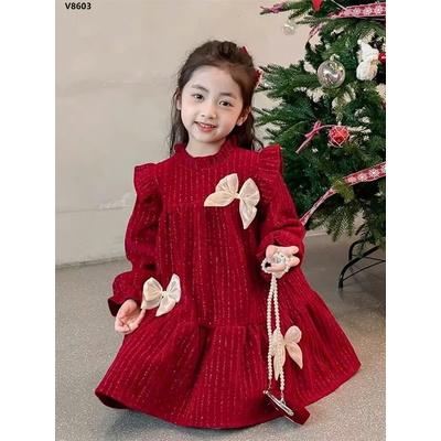 V8603 VÁY ĐỎ PHỐI NƠ BÉ GÁI
