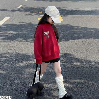 AG8217 ÁO NỈ ĐỎ NƠ BÉ GÁI