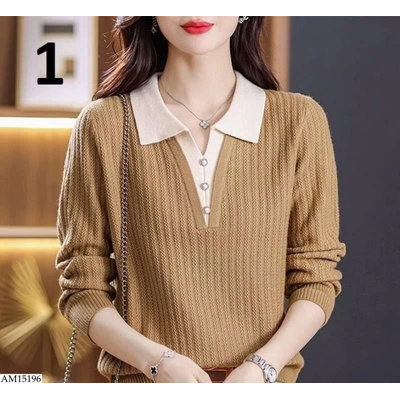 AM15196 ÁO LEN DỆT KIM GIẢ 2 LỚP CỔ POLO CHO NỮ