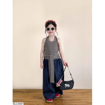 SG13087 SET ÁO KẺ CỔ YẾM MIX QUẦN JEAN SUÔNG BG