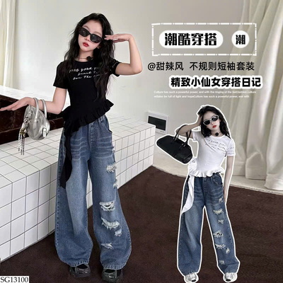 SG13100  ÁO THUN MỎNG VIỀN BÈO MIX QUẦN JEAN RÁCH