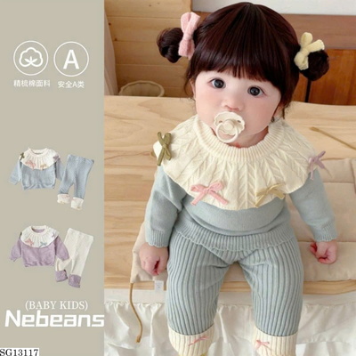 SG13117 SET ĐỒ LEN CỔ BÚP BÊ KÈM NƠ