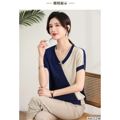 AM15298 ÁO LEN NGẮN TAY NỮ PHỐI MÀU