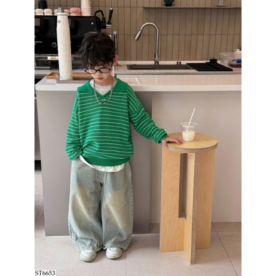 ST6653 SET ÁO LEN KẺ MIX QUẦN JEAN TAIRU