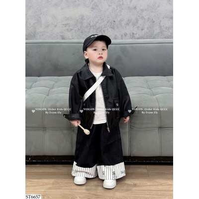 ST6657 SET ÁO KHOÁC DA MIX QUẦN ỐNG RỘNG BT