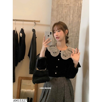AM15327  ÁO NHUNG CỔ SEN PHỐI REN IMISS