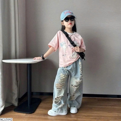 SG13192 SET ÁO PHÔNG MÈO MIX QUẦN JEAN RÁCH