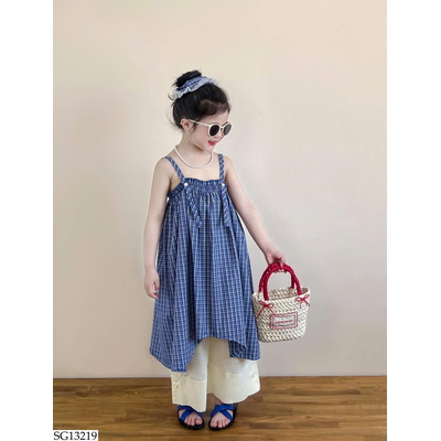SG13219 SET VÁY CARO XANH QUẦN SUÔNG