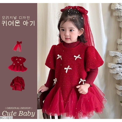 SG13233 SET VÁY PHỐI ÁO LEN ĐỎ BÉ GÁI