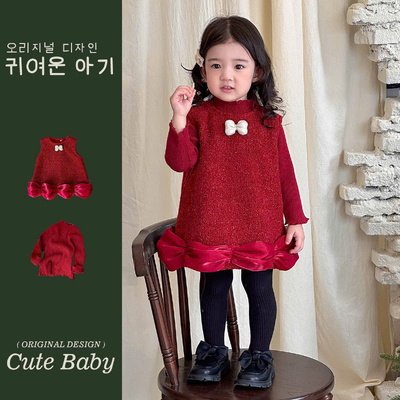 SG13235 SET VÁY PHỐI ÁO LEN ĐỎ KÈM NƠ TRẮNG BÉ GÁI