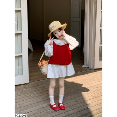 SG13291 SET ÁO GILE ĐỎ MIX VÁY SƠ MI BG