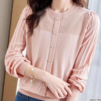 AM15784 ÁO DỆT KIM CỔ TRÒN CÚC GIẢ TAY PHỒNG NỮ