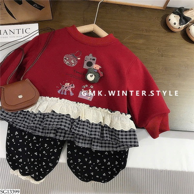 SG13399 SET ÁO NỈ PHỐI REN MIX QUẦN HOA NHÍ BG
