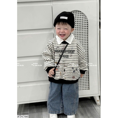 ST6766 SET ÁO KẺ SỌC HỌA TIẾT PHỐI QUẦN JEANS MAIBAO