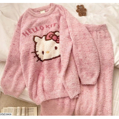 SM3968 BỘ ĐỒ NGỦ NỈ LÔNG KITTY HỒNG
