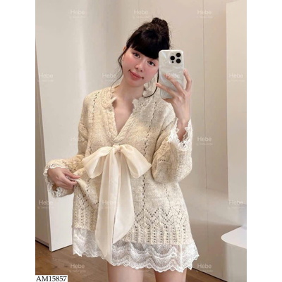 AM15857 ÁO LEN NƠ PHỐI REN NỮ