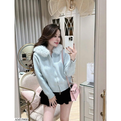 AM15900 ÁO CARDIGAN KÉO KHÓA MŨ LÔNG