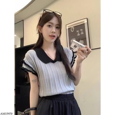 AM15970 ÁO LEN DỆT KIM CỔ SEN TAY BÈO TẦNG