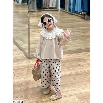 SG13561 SET ÁO THÔ CỔ REN MIX QUẦN CHẤM BI 