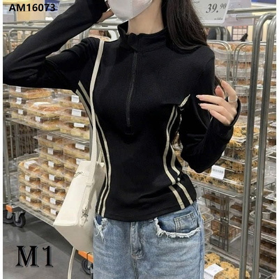 AM16073 ÁO THUN NỮ TAY DÀI PHỐI KHÓA CỔ ĐỨNG