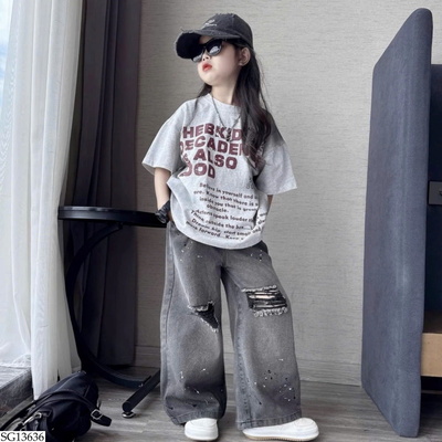 SG13636 SET ÁO PHÔNG CHỮ MIX QUẦN JEAN RÁCH