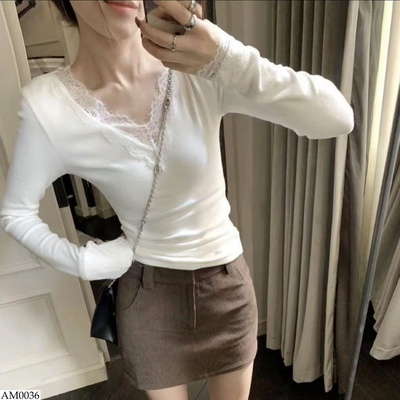 AM0036 ÁO DÀI TAY CỔ V PHỐI REN