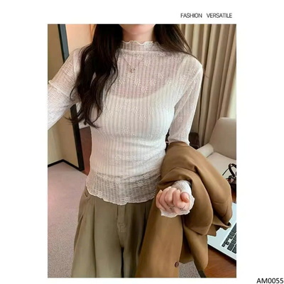 AM0055 ÁO REN HOA NỔI CỔ CAO CHO NỮ