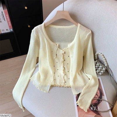 SM4052 SET ÁO 2 DÂY CHẤM BI MIX CARDIGAN MỎNG